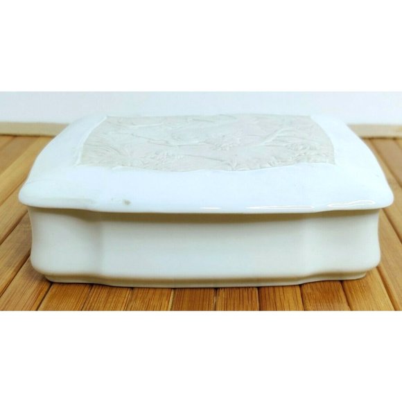 Vintage Rare Glossy Ceramic Art Trinket Box w/ Leaping Deer on Top Cover - 6x5" - Picture 1 of 12
